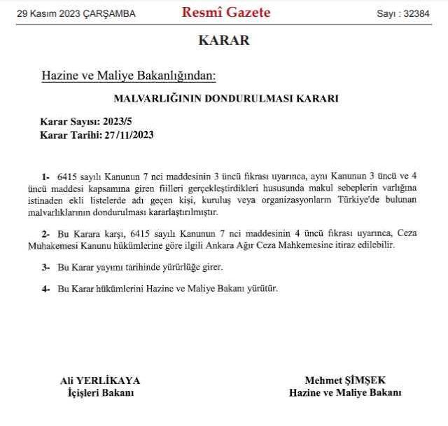 Karar Resmi Gazete'de! 62 kişinin ve 20 şirketin Türkiye'deki malvarlıkları donduruldu