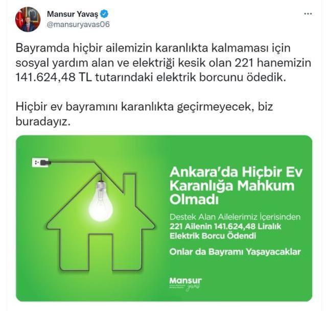 Mansur Yavaş duyurdu: Elektriği kesik olan 221 evin borcunu ödedik
