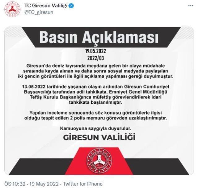 Sahilde uygunsuz görüntülenen gençlerle ilgili Giresun Valiliği'nden açıklama: 2 polis görevden alındı