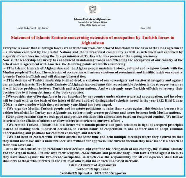 Taliban'dan Türkiye'ye 8 maddelik tehdit: Hangi ülke olursa olsun, Afganistan'da kalan tüm taraflara karşılık vereceğiz