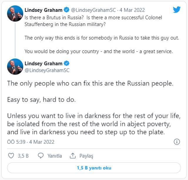 ABD'li senatör Lindsey Graham, 'Rusya lideri Putin'i öldürün' çağrısında bulundu