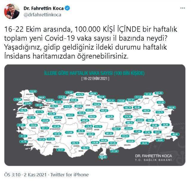 İl il koronavirüs vaka sayıları kaçtır? 16-22 Ekim İl il güncel koronavirüs risk haritası ve haftalık vaka sayıları açıklandı mı?