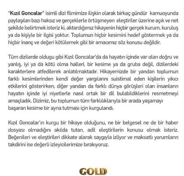 Tepki çeken Kızıl Goncalar'ın yapım şirketinden açıklama: Haksız eleştiriler yapılıyor, senaryodakilerin gerçekle ilgisi yok