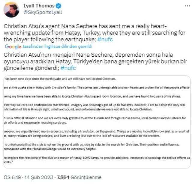 Enkaz altında kalan Hataysporlu Atsu için açıklama: Odası tespit edildi, ayakkabısını bulduk