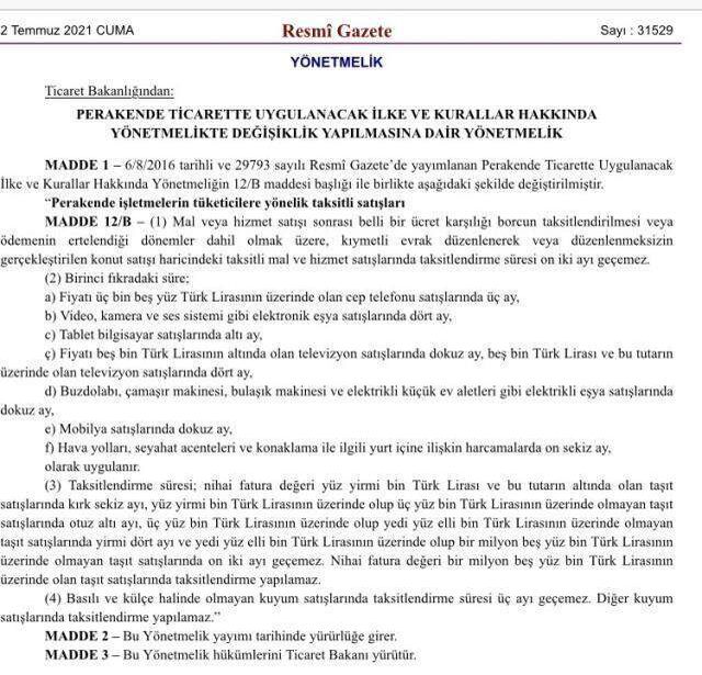 Ticaret Bakanlığı'ndan taksit sayılarına düzenleme