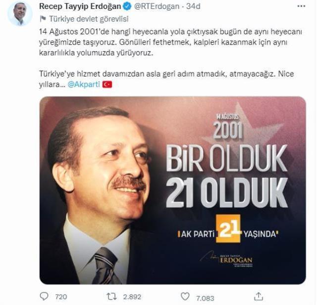 Cumhurbaşkanı Erdoğan'dan AK Parti'nin 21'inci kuruluş yıldönümü paylaşımı Açıklaması