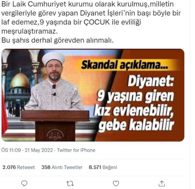 Diyanet İşleri Başkanlığı'nın '9 yaşındaki kız çocuğunun evlenebileceği ve çocuk doğurabileceği' yönünde açıklama yaptığı iddiası