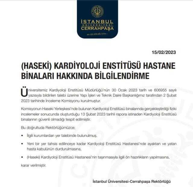 Binada çürük çıktı, Haseki Kardiyoloji Enstitüsü Hastanesi hasta kabulünü durdurdu