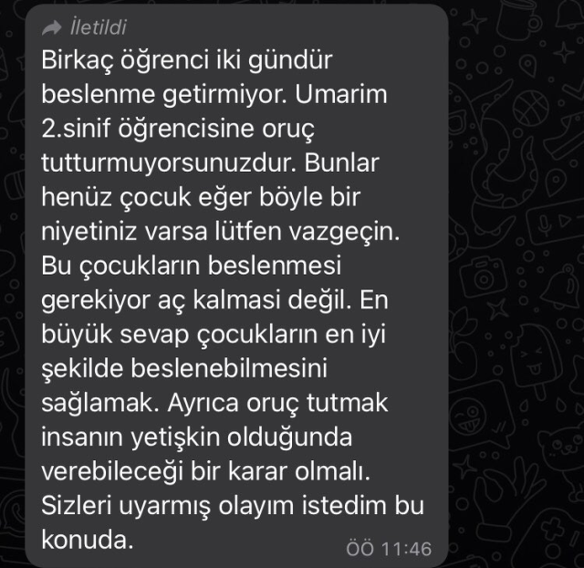 Öğretmenin oruç tutan çocuğun velisine gönderdiği mesaj tartışma yarattı