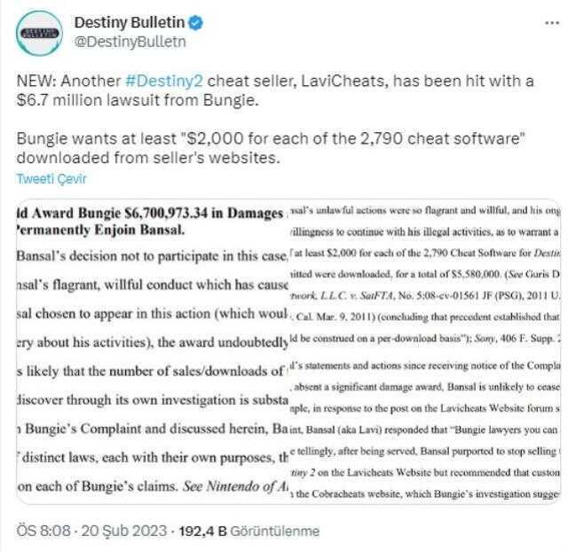 Video oyun geliştiricisi Bungie, Destiny 2 hilecilerine 6.7 milyon dolarlık dava açtı
