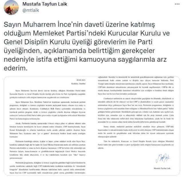 Memleket Partisi kurucularından Laik, Muharrem İnce'yi zehir zemberek sözlerle eleştirip istifasını verdi