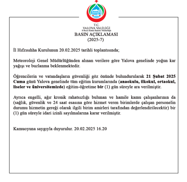Yalova'da okullar tatil mi SON DAKİKA? 21 Şubat Cuma Yalova'da okul yok mu? (Yalova Valiliği)