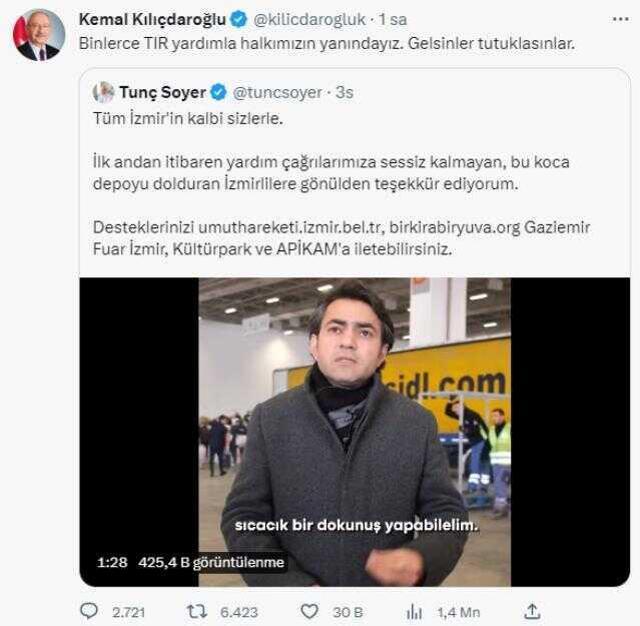 CHP'li belediyelerin deprem bölgesindeki çalışmalarını paylaşan Kılıçdaroğlu: Gelsinler tutuklasınlar