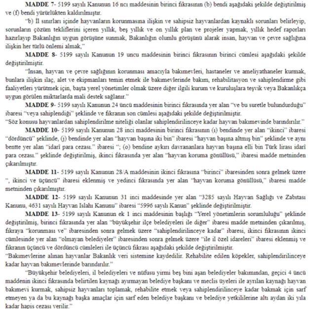 Sahipsiz köpeklere yönelik düzenlemeleri de içeren kanun, Resmi Gazete'de yayımlanarak yürürlüğe girdi