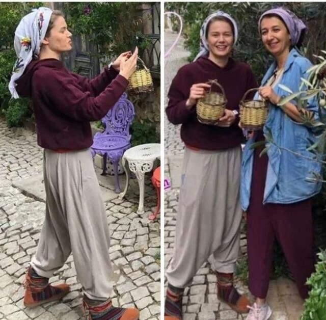 Burcu Biricik, şalvar giyip tülbent taktı! Makyajsız hali dikkat çekti