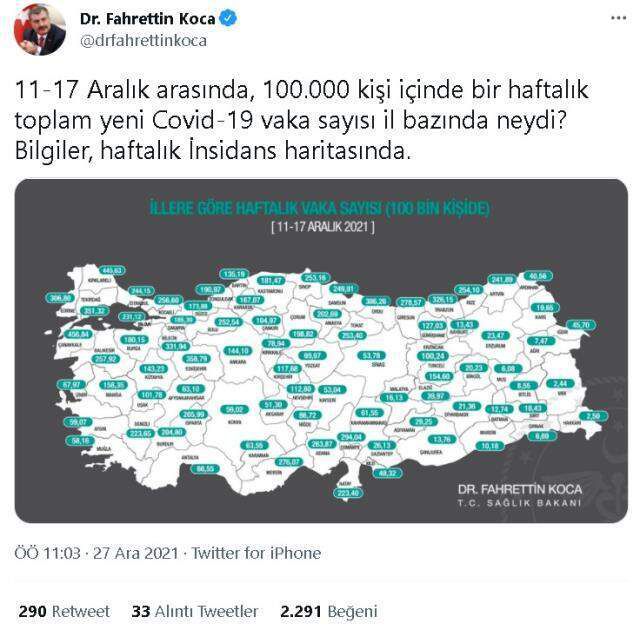 İl il koronavirüs vaka sayıları kaçtır? 11-17 Aralık İl il güncel koronavirüs risk haritası ve haftalık vaka sayıları açıklandı mı?
