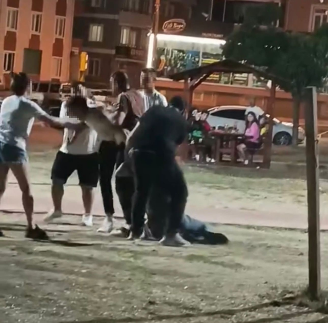 Parkta birbirlerine tekme ve yumruklarla saldırdılar