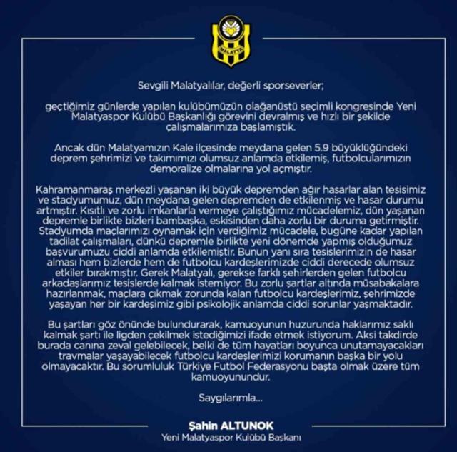 Yeni Malatyaspor, 5.9 büyüklüğündeki depremin ardından ligden çekilmek istediklerini açıkladı
