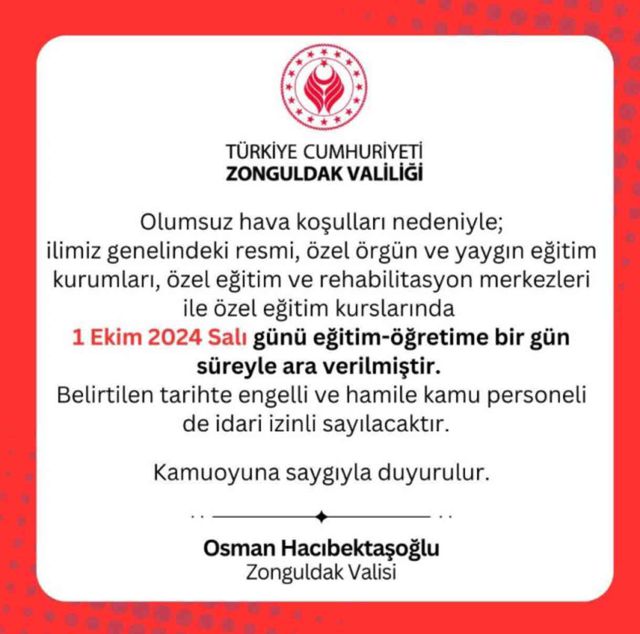 Bartın ve Zonguldak okullar tatil mi? 1 Ekim yarın okullar tatil mi?