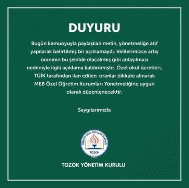 TÖZOK'ten özel okul ücretlerine yönelik geri adım: TÜİK'in oranları dikkate alınacak