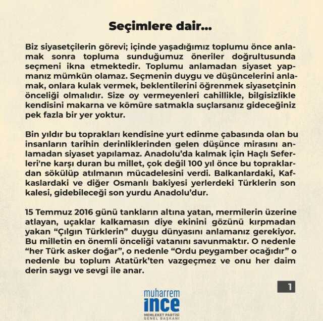 Seçim sonuçlarıyla ilgili 4 sayfalık mektup yayınlayan İnce, 6'lı Masa'ya yüklendi: Şimdi herkes 'Muharrem İnce haklıymış' diyor