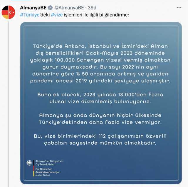 Almanya Büyükelçiliği'nden 'vize' açıklaması: Verilen vize sayısı geçen seneye göre yüzde 50 arttı