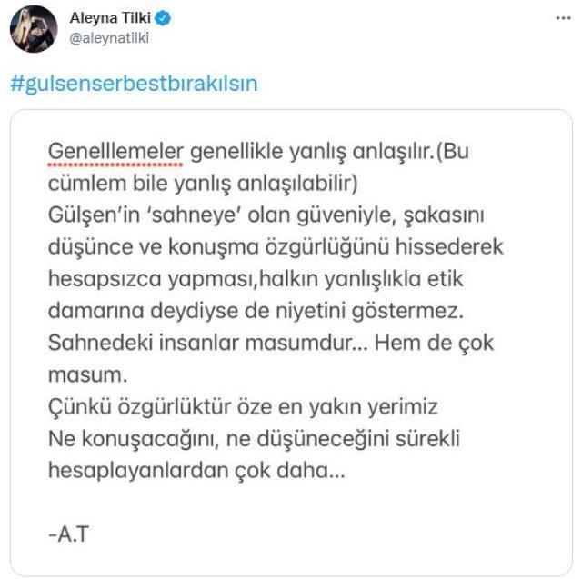 Aleyna Tilki'den Gülşen'in tutuklanmasına tepki: Sahnedeki insanlar masumdur