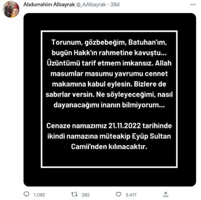 Torununu kaybeden Abdurrahim Albayrak'tan yürek yakan paylaşım: Nasıl dayanacağım