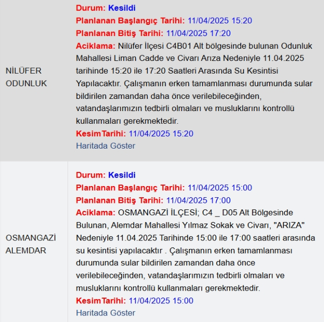 Bursa BUSKİ su kesintisi! 11 Nisan Bursa'da su kesintisi ne zaman bitecek, sular ne zaman gelecek?