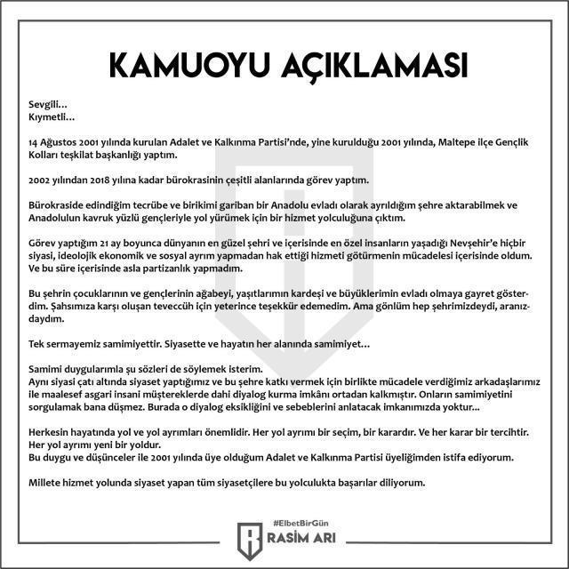 Nevşehir Belediye Başkanlığı görevinden istifa eden Rasim Arı İYİ Parti'ye geçiyor