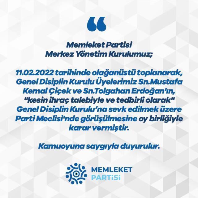 Memleket Partisinde Disiplin Kurulu üyesi iki isme kesin ihraç istemi