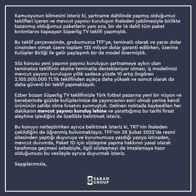 TRT de yayın ihalesinden çekildi, Saran Group TFF'yi uyardı: Tarihi fırsatı kaçırmayın