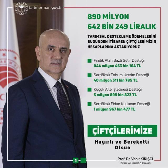 Çiftçiye 890 milyon 642 bin TL'lik destek ödemesi bugün hesaplarda! Bakan Kirişçi resmen duyurdu