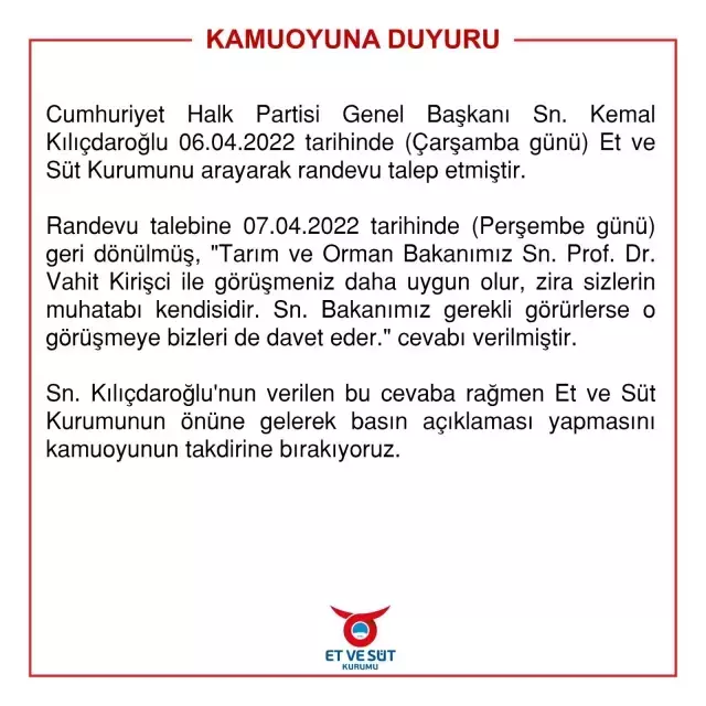 Et ve Süt Kurumu'ndan Kılıçdaroğlu'na yanıt
