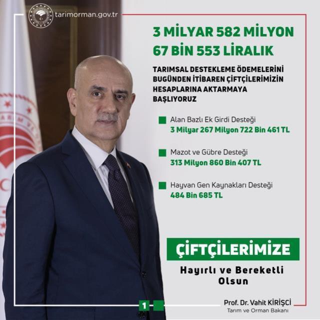 Bakan müjdeyi verdi! 3,5 milyar liralık tarımsal destek ödemeleri bugün başlıyor