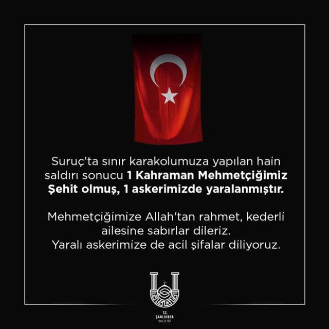 Son Dakika! Suruç'ta teröristler tarafından sınır karakoluna yapılan saldırıda bir asker şehit oldu