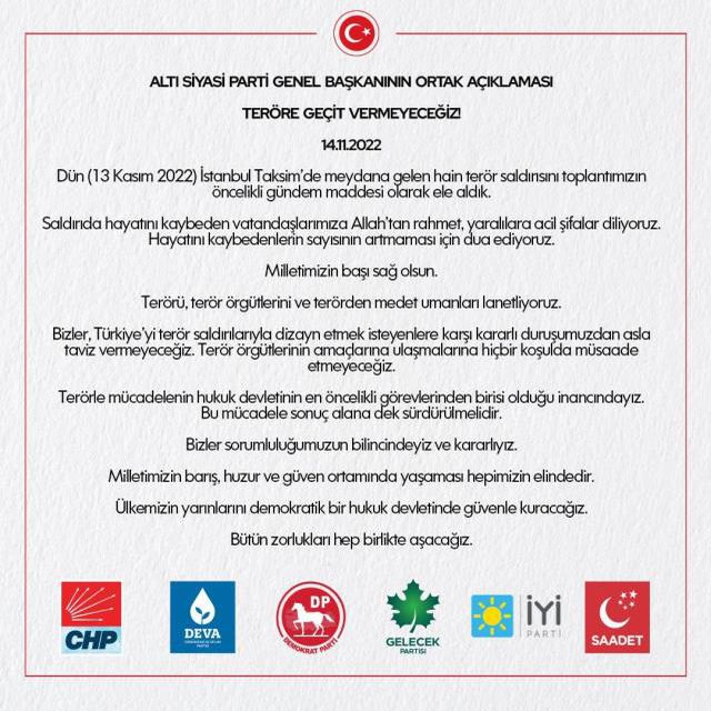 Altılı masadan İstiklal Caddesi'ndeki patlama ile ilgili ortak açıklama: Teröre geçit vermeyeceğiz