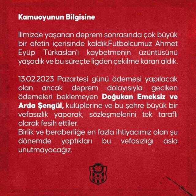 Depremin vurduğu Yeni Malatyaspor'da 2 futbolcu sözleşmesini feshetti: Bu vefasızlığı asla unutmayacağız