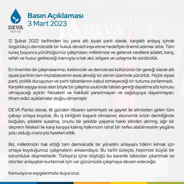 Akşener'in 'İYİ Parti bir tercihe zorlanmıştır' sözlerine DEVA Partisi'nden yanıt: İtham edici açıklamalar doğru olmadı