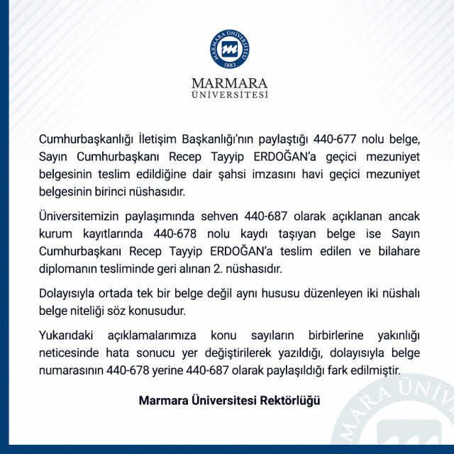 Marmara Üniversitesi'nden Cumhurbaşkanı Erdoğan'ın diplomasıyla ilgili yeni paylaşım: Hata sonucu yer değiştirilerek yazıldı