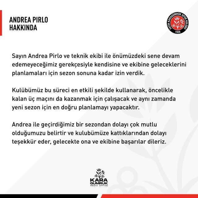 Fatih Karagümrük, teknik direktör Andrea Pirlo ile yolları ayırdı