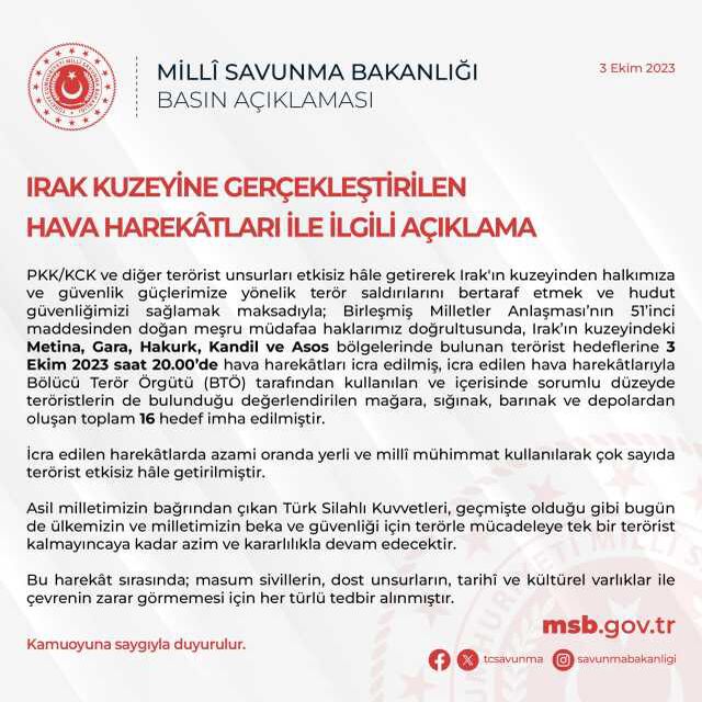 Son Dakika: Irak'ın kuzeyine hava harekatı! Metina, Gara, Hakurk, Kandil ve Asos'ta terör örgütüne ait 16 hedef imha edildi