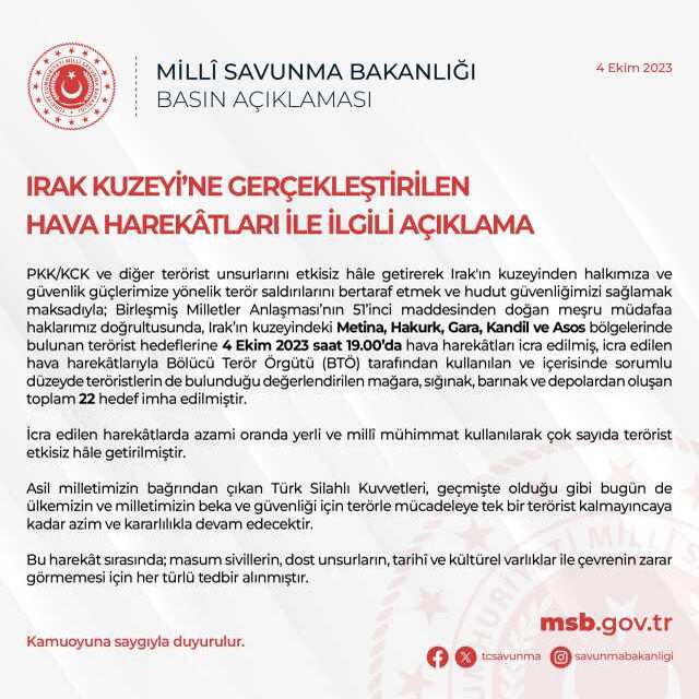 Son Dakika: Irak'ın kuzeyine düzenlenen hava harekatında, 22 hedef imha edildi, çok sayıda terörist etkisiz hale getirildi