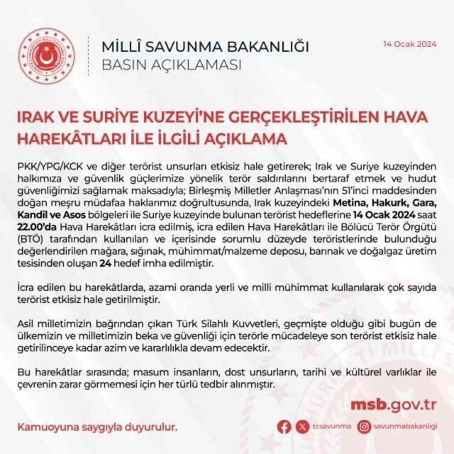Irak ve Suriye'nin kuzeyine gerçekleştirilen hava harekatlarında 24 terör hedefi imha edildi