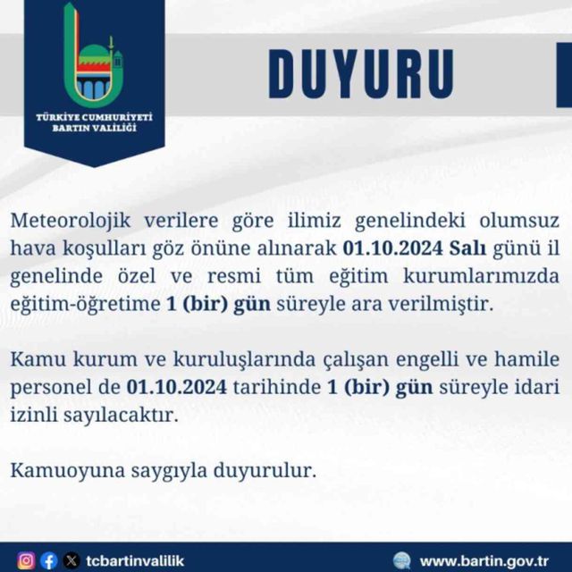 Bartın ve Zonguldak okullar tatil mi? 1 Ekim yarın okullar tatil mi?