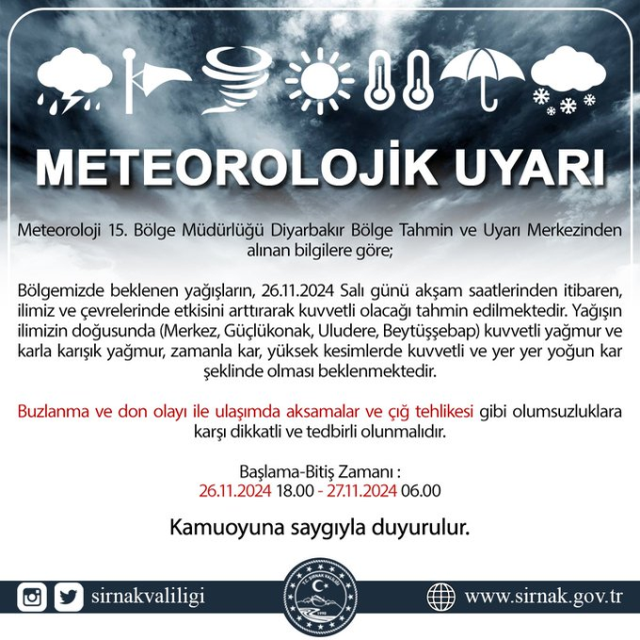27 Kasım Çarşamba Şırnak'ta Okullar Tatil Mi? Meteoroloji'den Kuvvetli Kar Yağışı Uyarısı