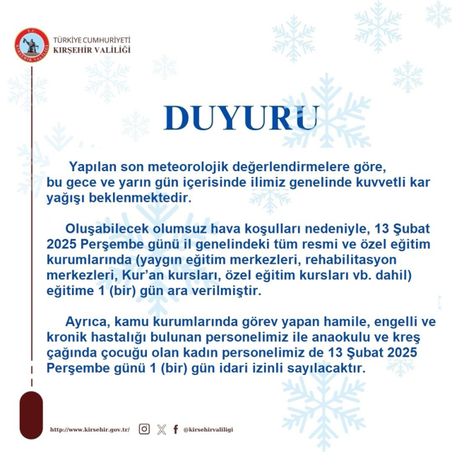 Kırşehir okullar tatil mi SON DAKİKA? 13 Şubat Perşembe Kırşehir'de okul yok mu (Kırşehir Valiliği Açıklaması – KAR TATİLİ)?