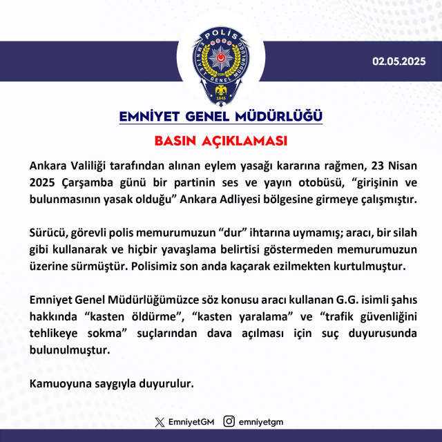 Emniyet'ten CHP otobüsünü polisin üzerine süren şoföre suç duyurusu