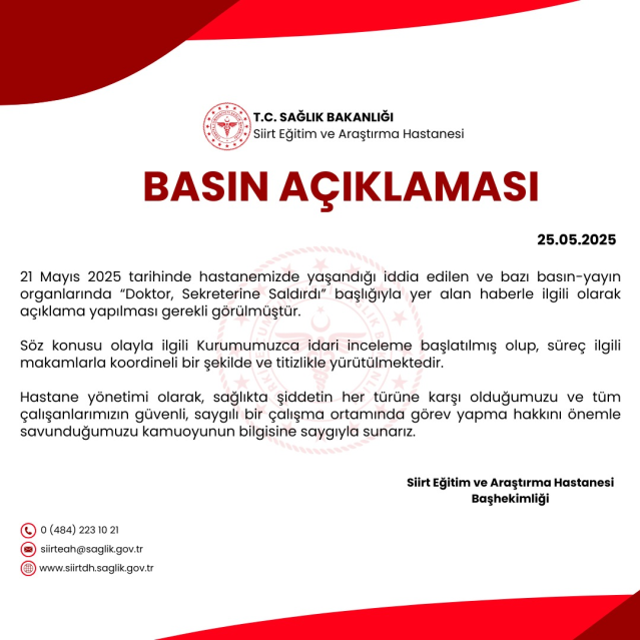 Siirt Hastanesi'nden 'Doktor sekretere saldırdı' haberlerine yanıt: İnceleme başlatıldı