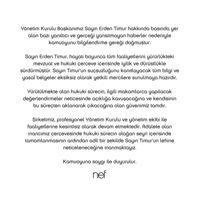 Nef'ten Erden Timur açıklaması: Tüm yasal belgeler hazırdır